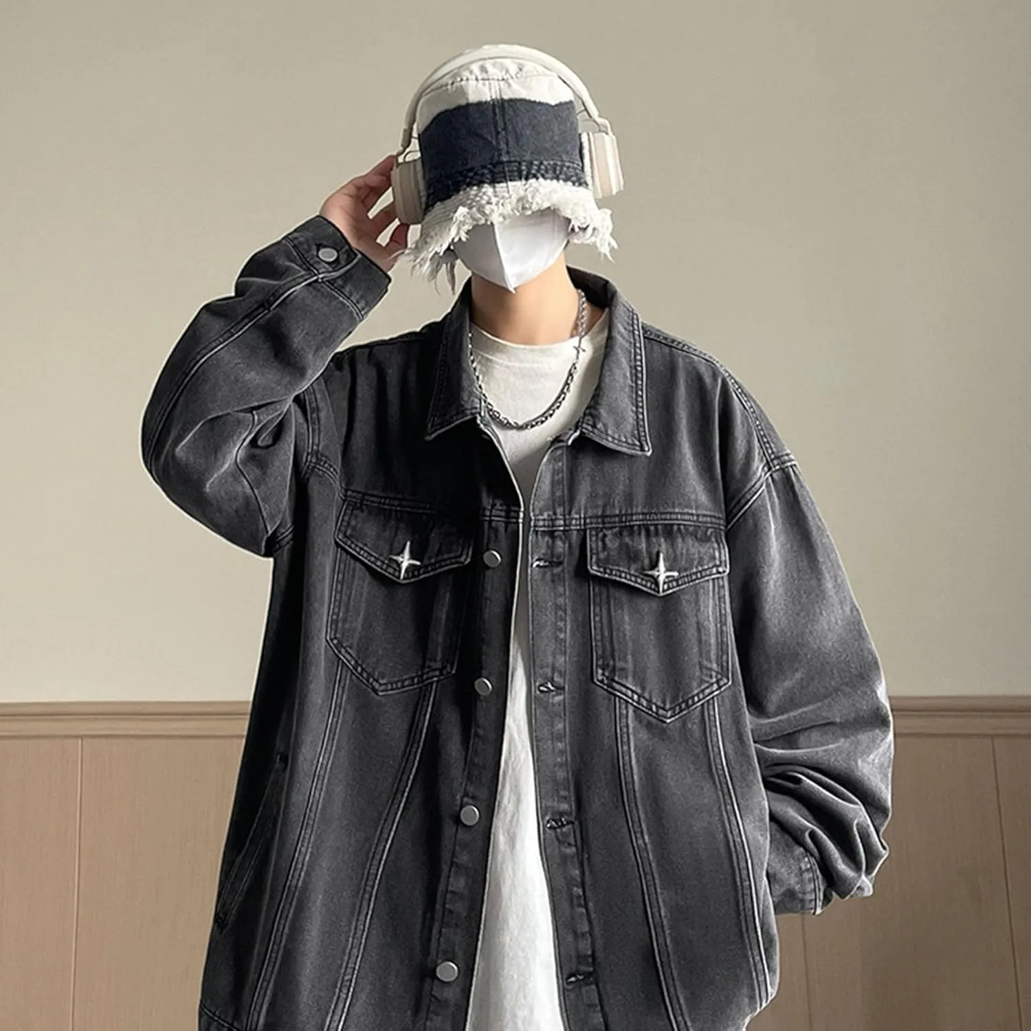 JEKE-DG Men's Relaxed Fit Lapel Fashion Denim Jacket Washed Vintage Casual Jean Jacket Long Sleeve Biker Trucker Jean Coat