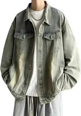 JEKE-DG Men's Relaxed Fit Lapel Fashion Denim Jacket Washed Vintage Casual Jean Jacket Long Sleeve Biker Trucker Jean Coat