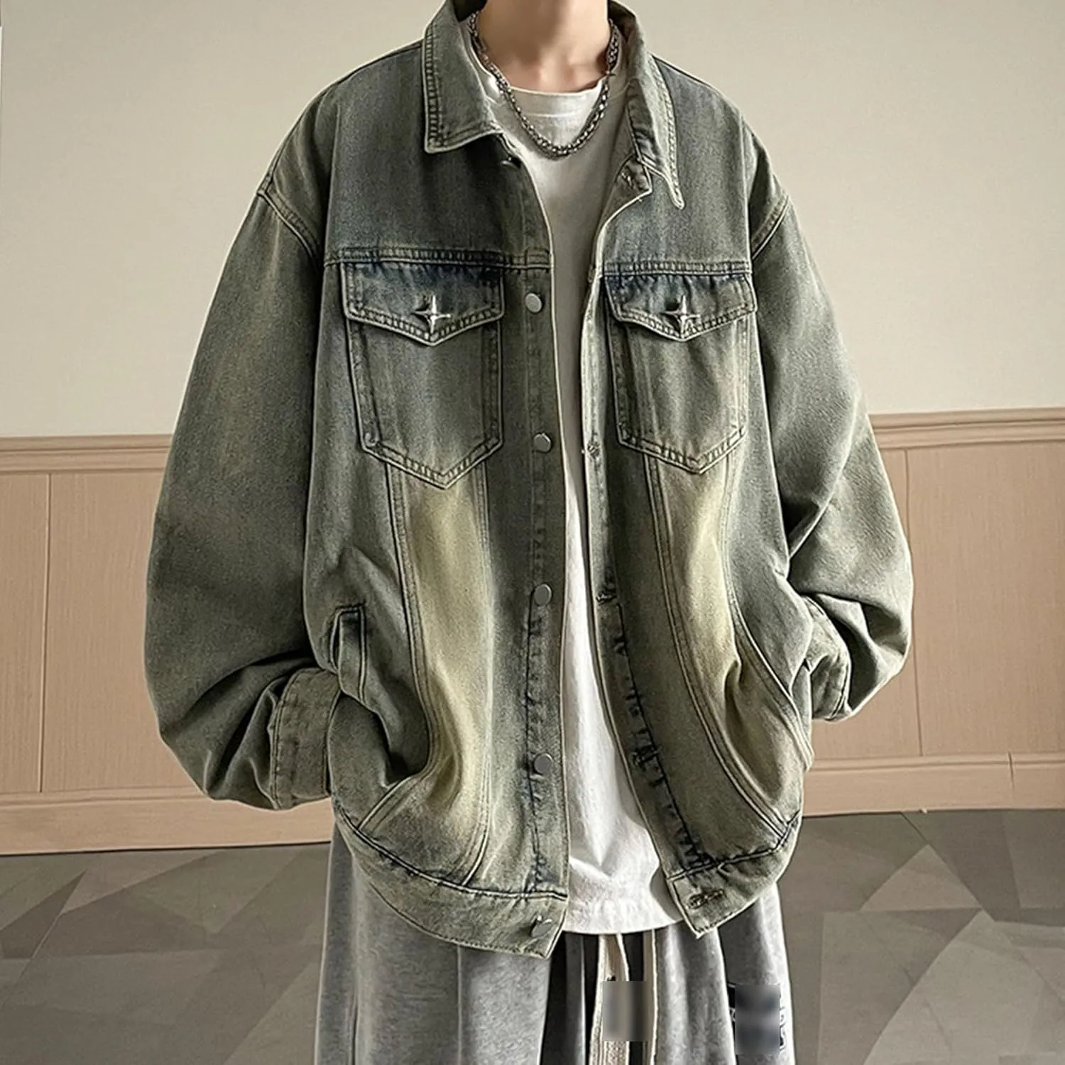 JEKE-DG Men's Relaxed Fit Lapel Fashion Denim Jacket Washed Vintage Casual Jean Jacket Long Sleeve Biker Trucker Jean Coat