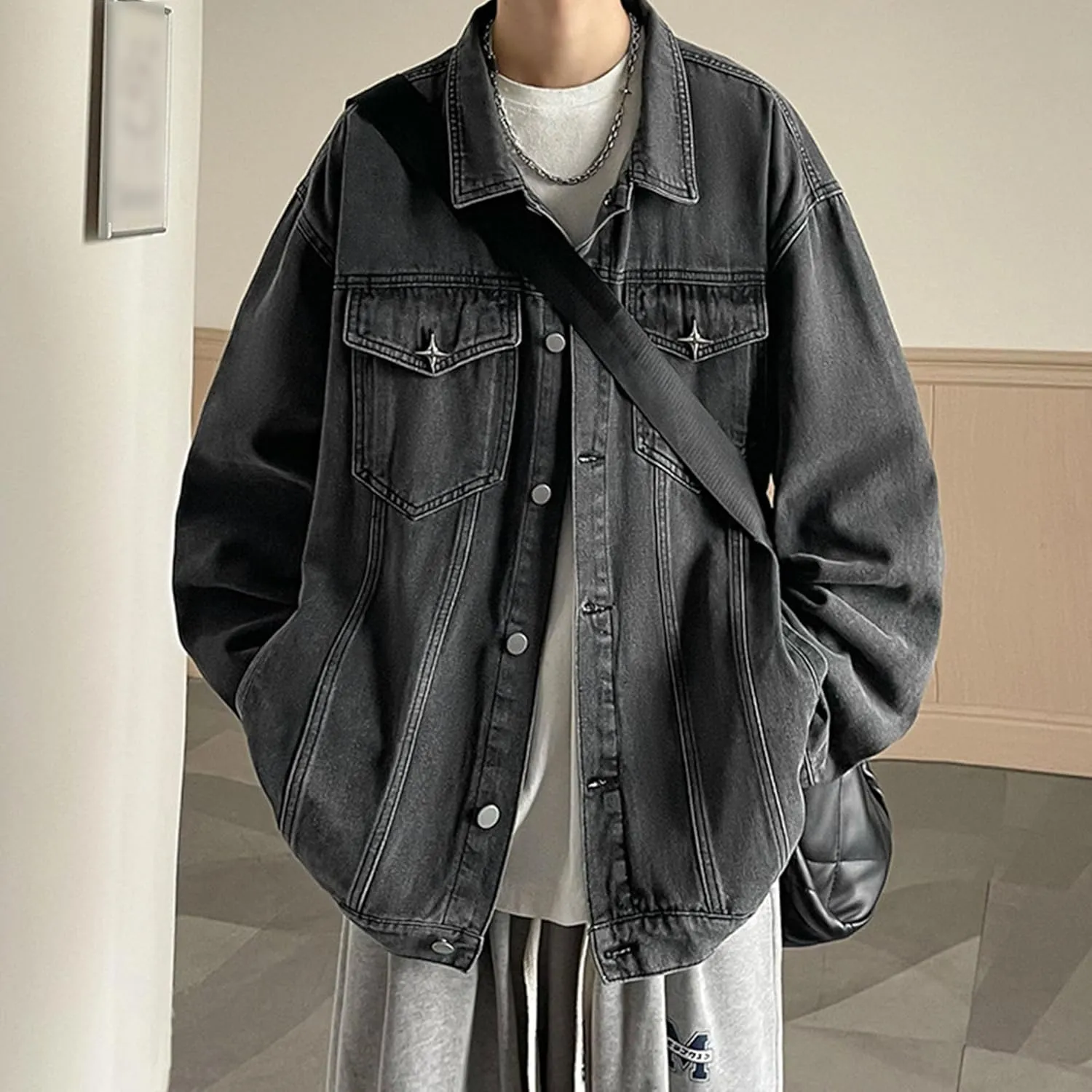 JEKE-DG Men's Relaxed Fit Lapel Fashion Denim Jacket Washed Vintage Casual Jean Jacket Long Sleeve Biker Trucker Jean Coat