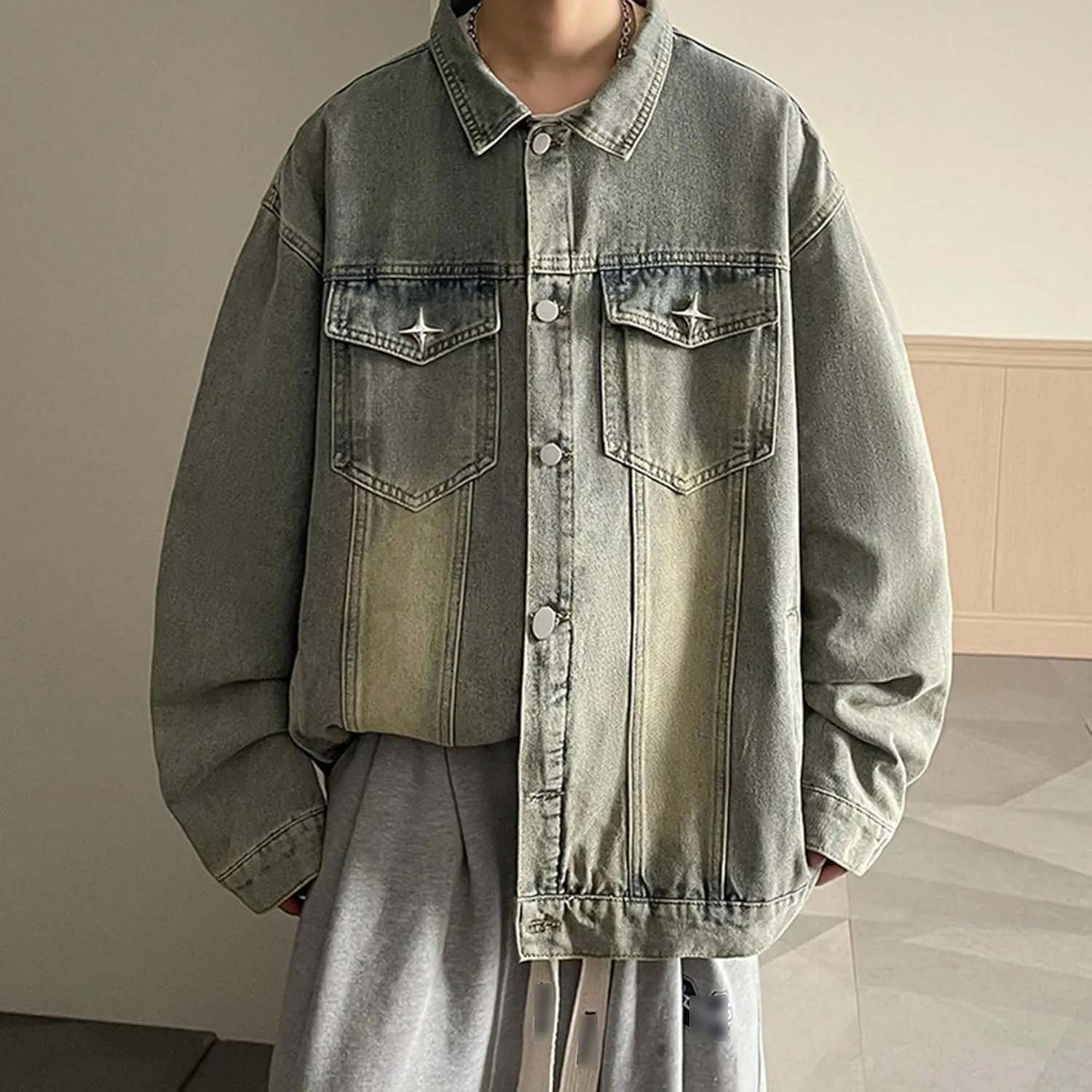 JEKE-DG Men's Relaxed Fit Lapel Fashion Denim Jacket Washed Vintage Casual Jean Jacket Long Sleeve Biker Trucker Jean Coat