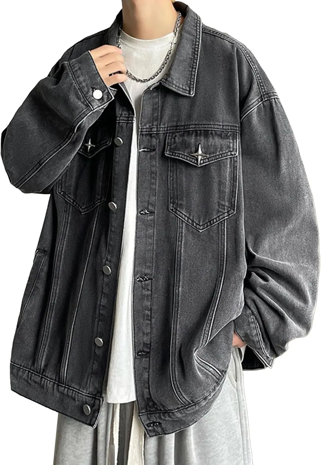 JEKE-DG Men's Relaxed Fit Lapel Fashion Denim Jacket Washed Vintage Casual Jean Jacket Long Sleeve Biker Trucker Jean Coat