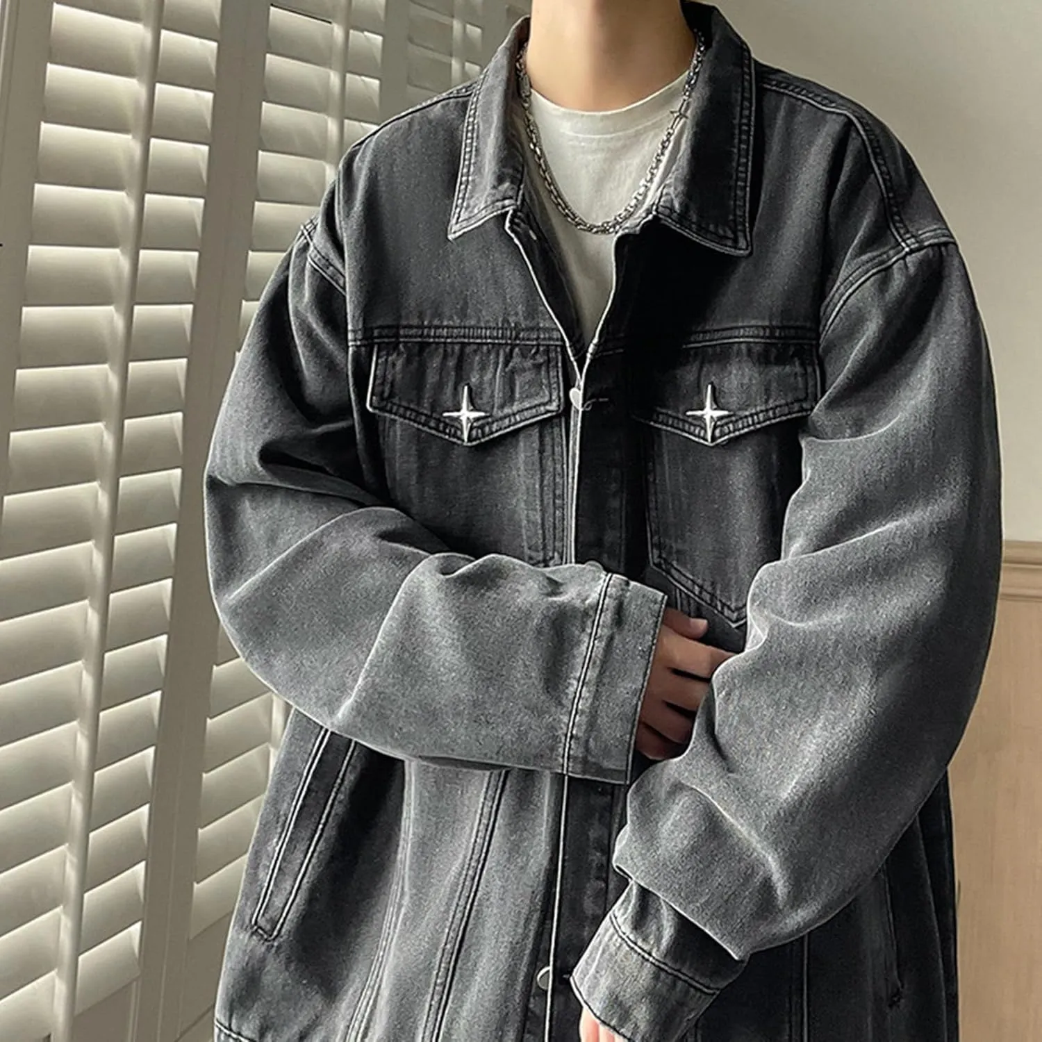 JEKE-DG Men's Relaxed Fit Lapel Fashion Denim Jacket Washed Vintage Casual Jean Jacket Long Sleeve Biker Trucker Jean Coat