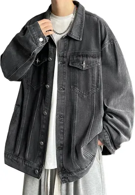 JEKE-DG Men's Relaxed Fit Lapel Fashion Denim Jacket Washed Vintage Casual Jean Jacket Long Sleeve Biker Trucker Jean Coat