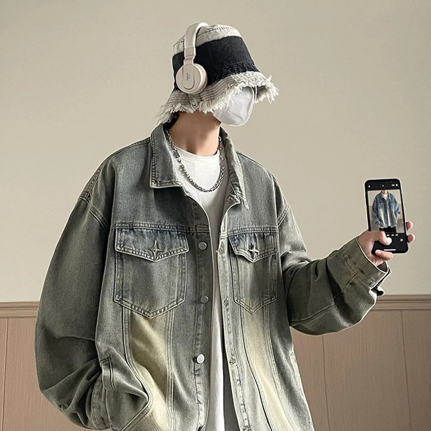 JEKE-DG Men's Relaxed Fit Lapel Fashion Denim Jacket Washed Vintage Casual Jean Jacket Long Sleeve Biker Trucker Jean Coat
