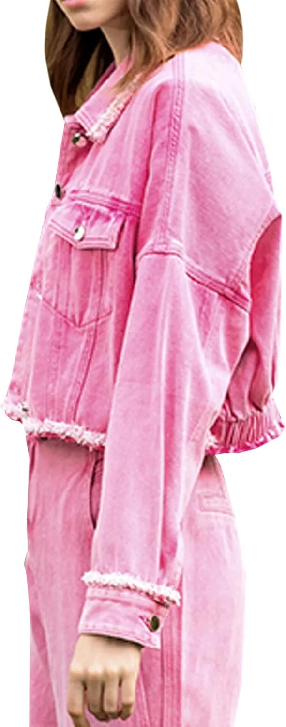 LONGBIDA Women's Jean Jacket Frayed Washed Button Up Cropped Denim Jacket With Pockets