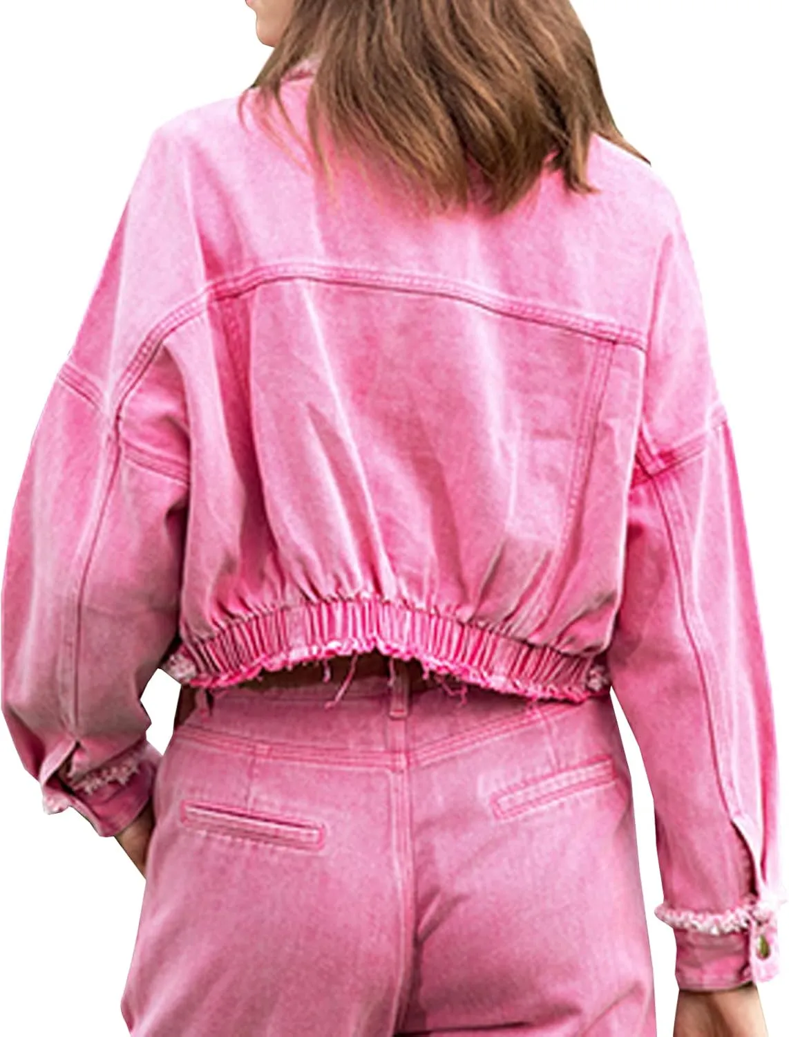 LONGBIDA Women's Jean Jacket Frayed Washed Button Up Cropped Denim Jacket With Pockets