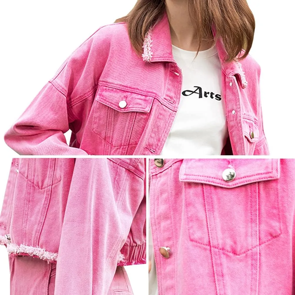 LONGBIDA Women's Jean Jacket Frayed Washed Button Up Cropped Denim Jacket With Pockets