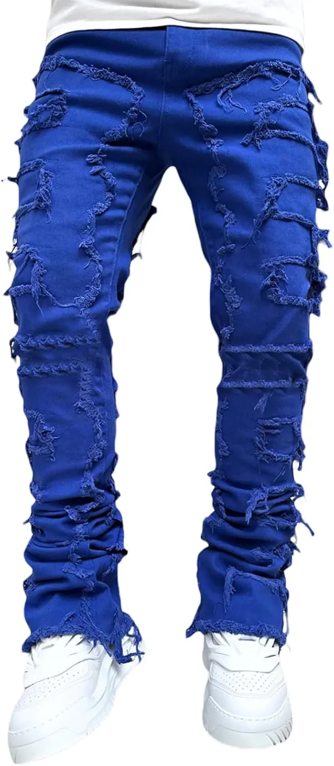 Men's Black Stacked Jeans Ripped Jeans Patch Distressed Destroyed Denim Trousers Streetwear Men Pants Daily Fit
