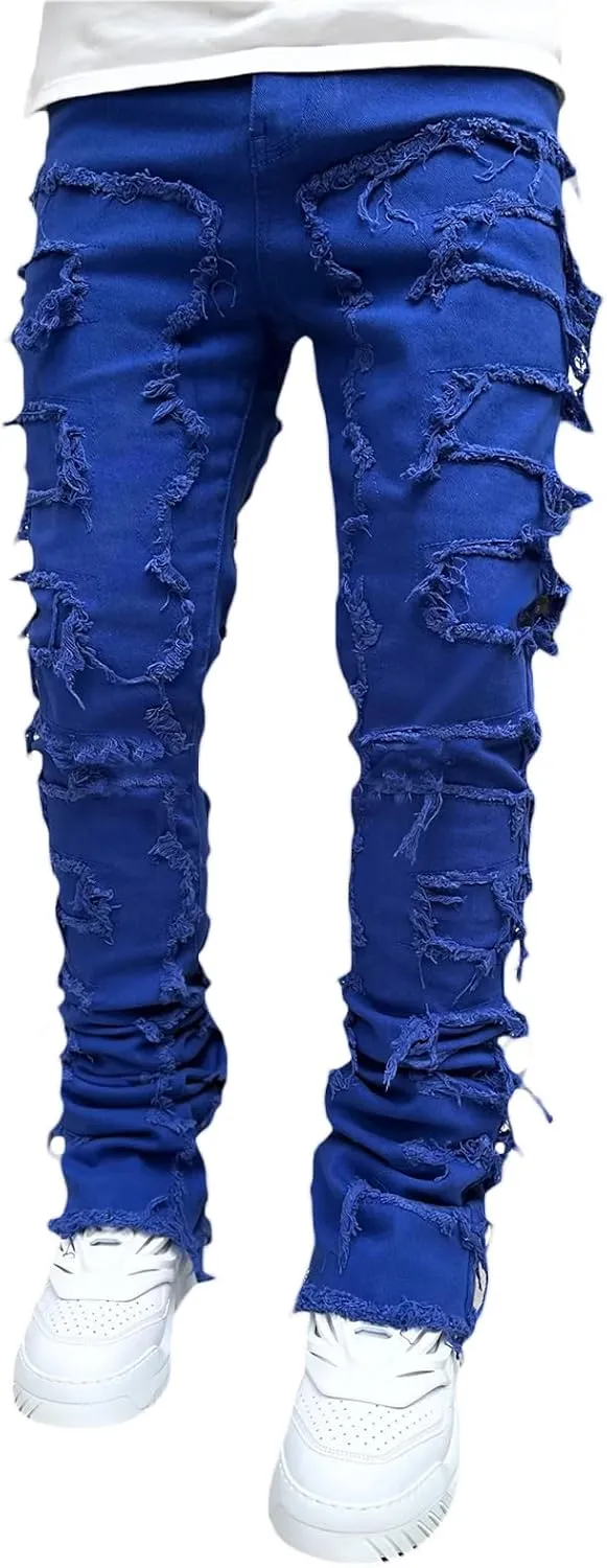 Men's Black Stacked Jeans Ripped Jeans Patch Distressed Destroyed Denim Trousers Streetwear Men Pants Daily Fit