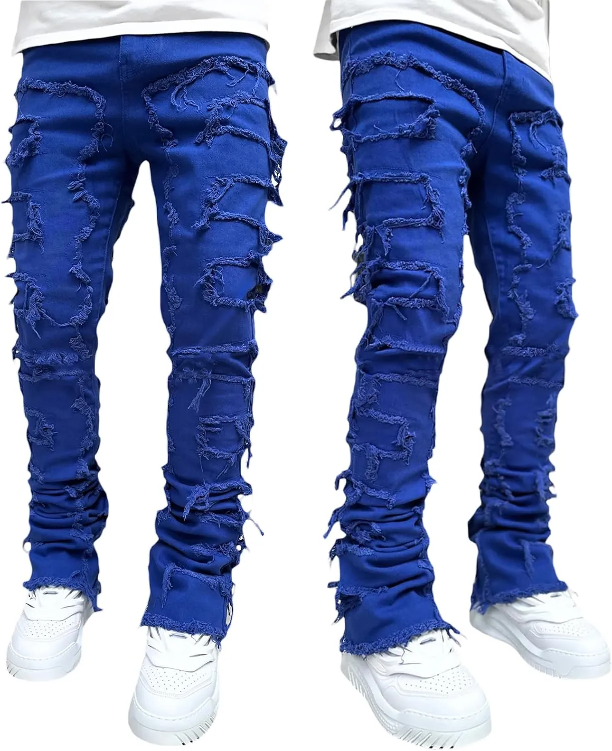 Men's Black Stacked Jeans Ripped Jeans Patch Distressed Destroyed Denim Trousers Streetwear Men Pants Daily Fit