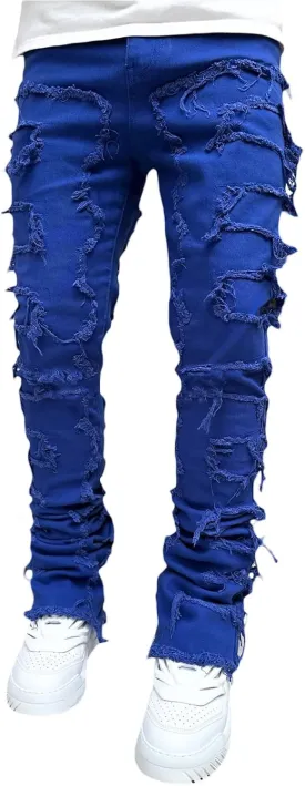 Men's Black Stacked Jeans Ripped Jeans Patch Distressed Destroyed Denim Trousers Streetwear Men Pants Daily Fit