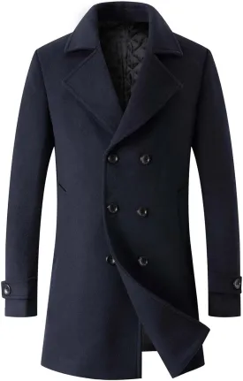 Men's Winter Coat Wool Blend Trench Overcoat Casual Double Breasted Long Pea Topcoat