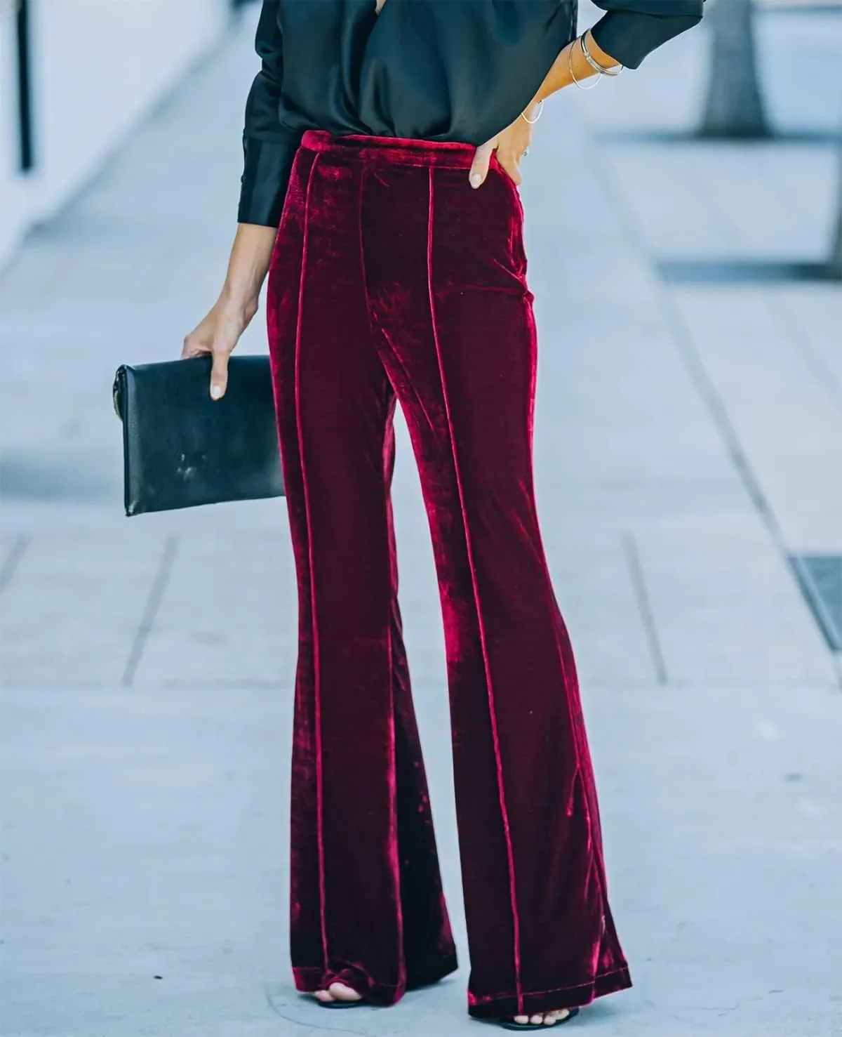 Neyaolk Women Velvet Flare Pants Elastic High Waist Side Zipper Bell Bottom Trousers