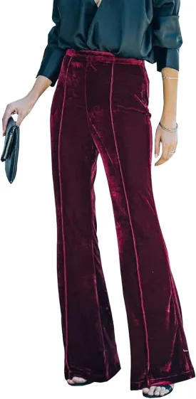 Neyaolk Women Velvet Flare Pants Elastic High Waist Side Zipper Bell Bottom Trousers
