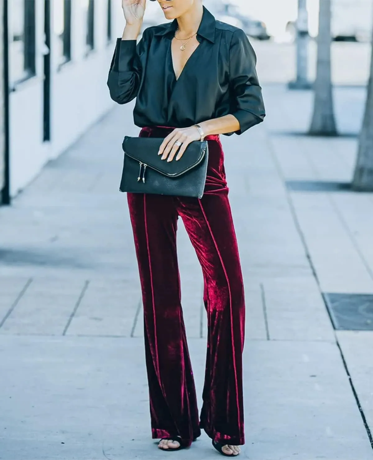 Neyaolk Women Velvet Flare Pants Elastic High Waist Side Zipper Bell Bottom Trousers