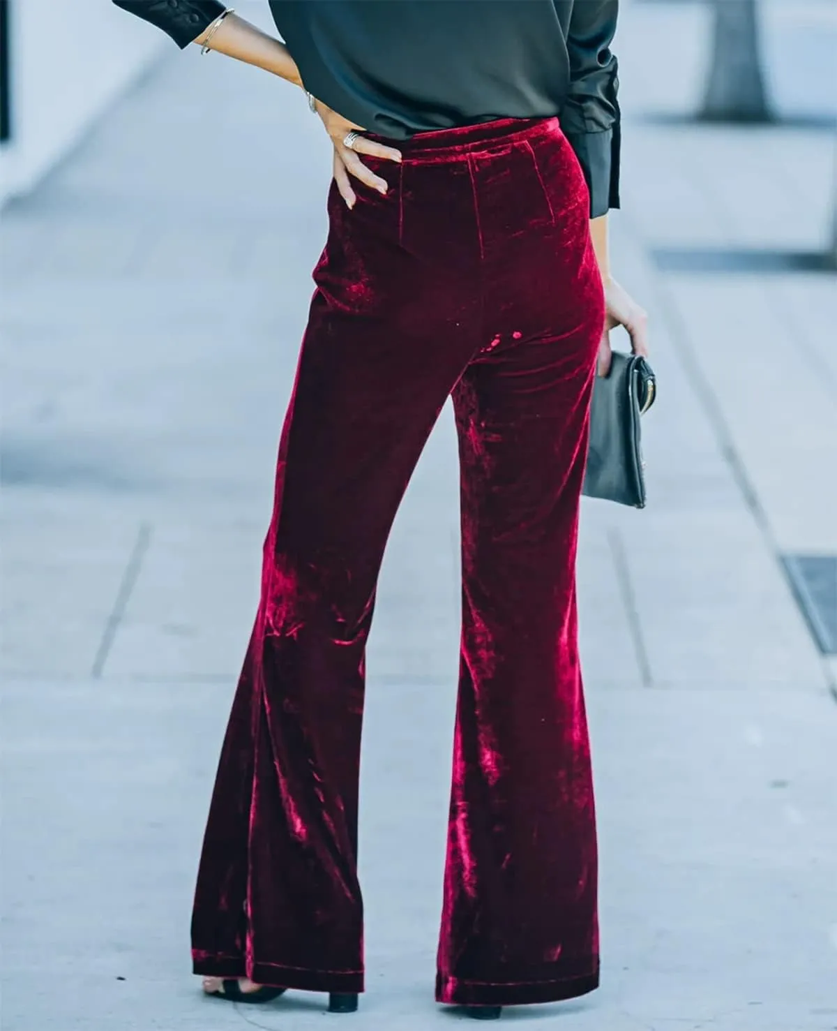 Neyaolk Women Velvet Flare Pants Elastic High Waist Side Zipper Bell Bottom Trousers