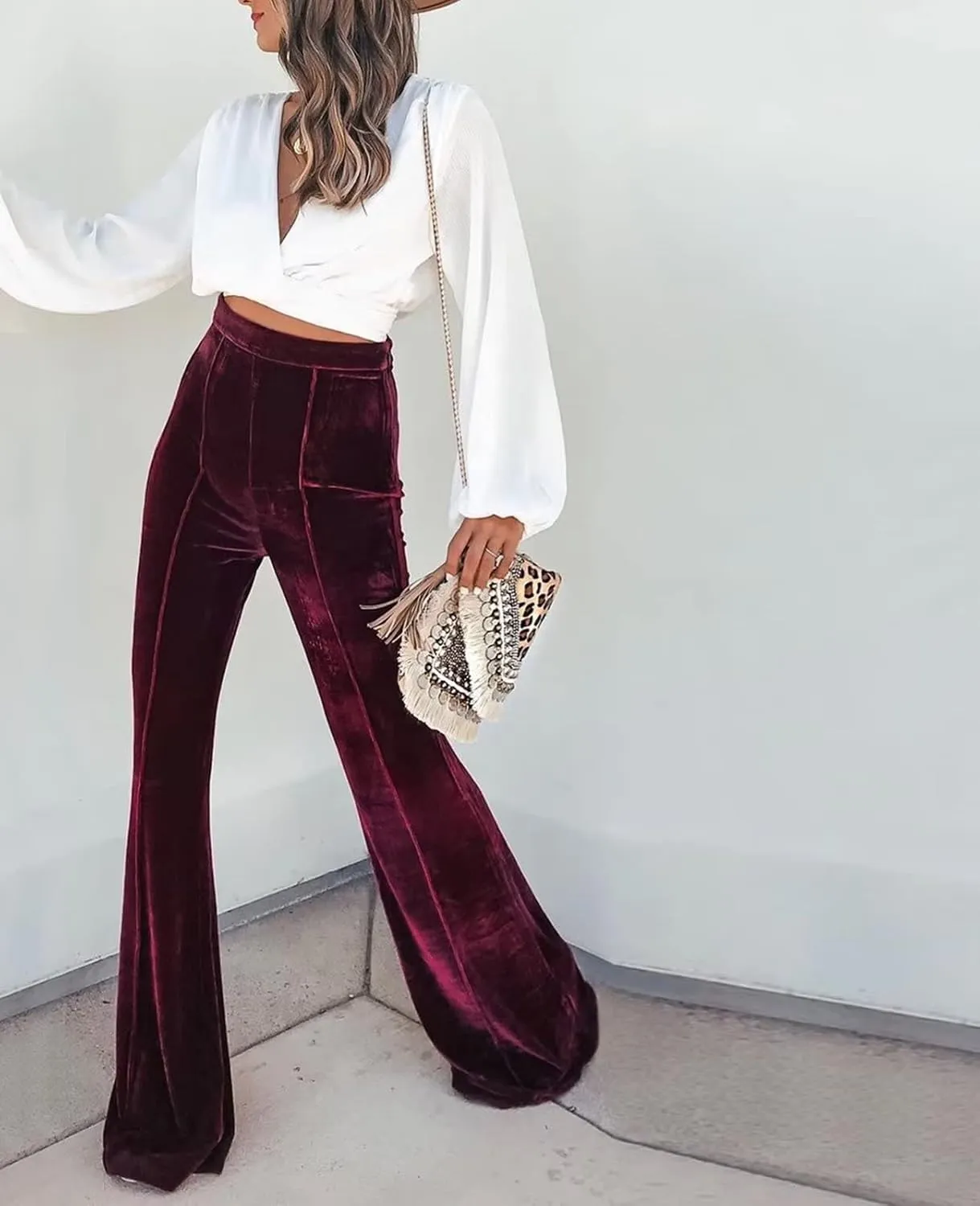 Neyaolk Women Velvet Flare Pants Elastic High Waist Side Zipper Bell Bottom Trousers