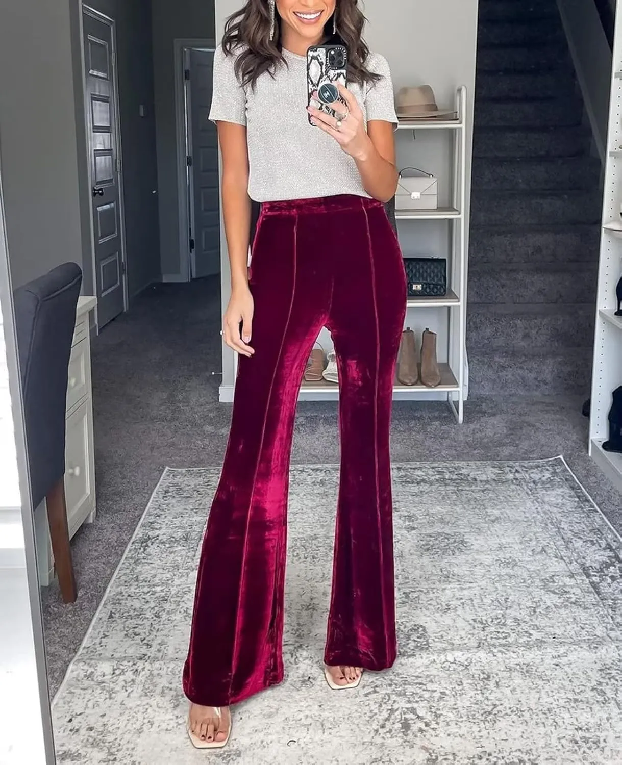 Neyaolk Women Velvet Flare Pants Elastic High Waist Side Zipper Bell Bottom Trousers