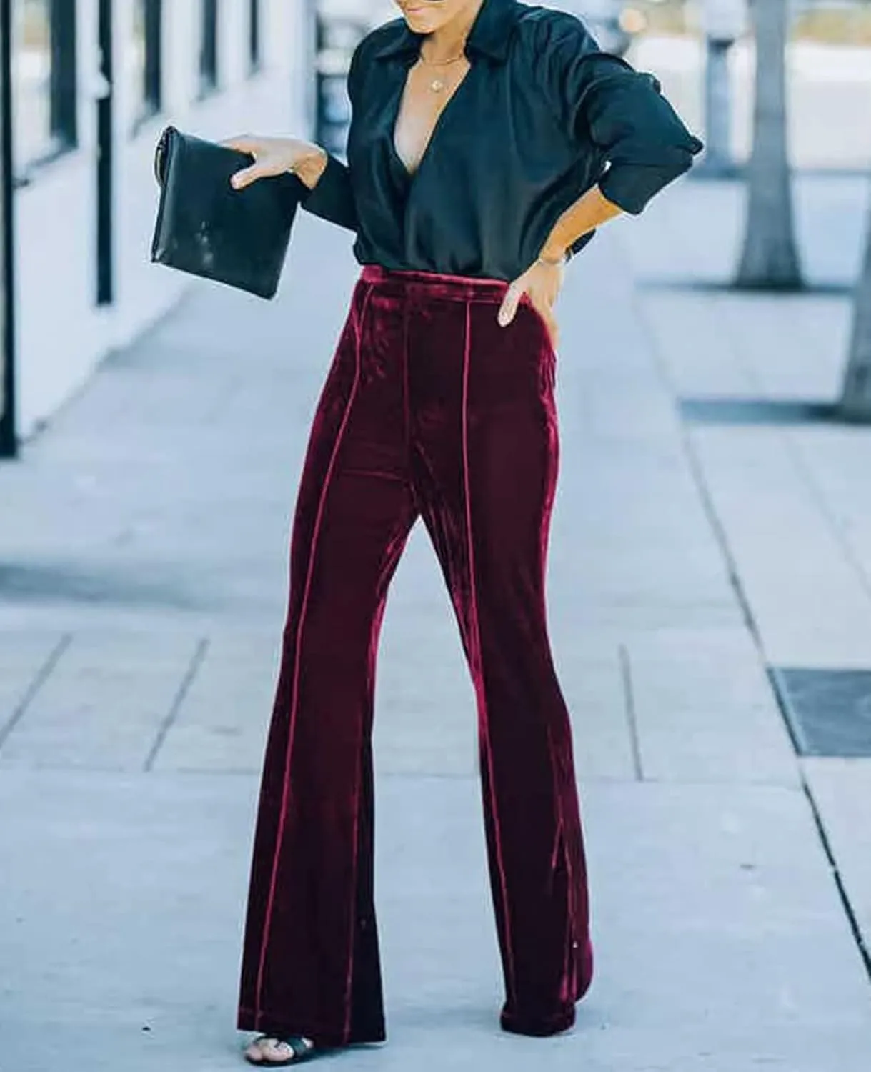 Neyaolk Women Velvet Flare Pants Elastic High Waist Side Zipper Bell Bottom Trousers