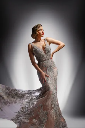 Pink Floral Lace Gown