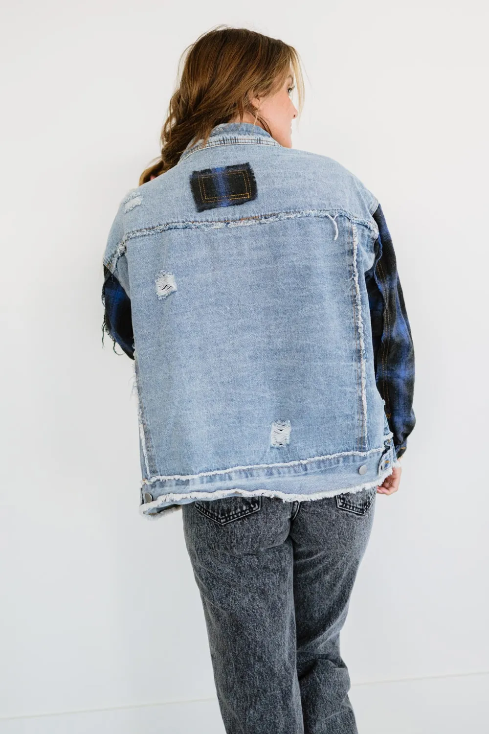 POL Out of the Woods Plaid Button Front Spliced Denim Jacket