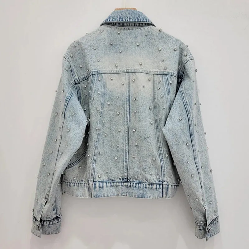 Pre Order:  Diamond Embellished Denim Jacket   High Waist A-Line Skirt Set