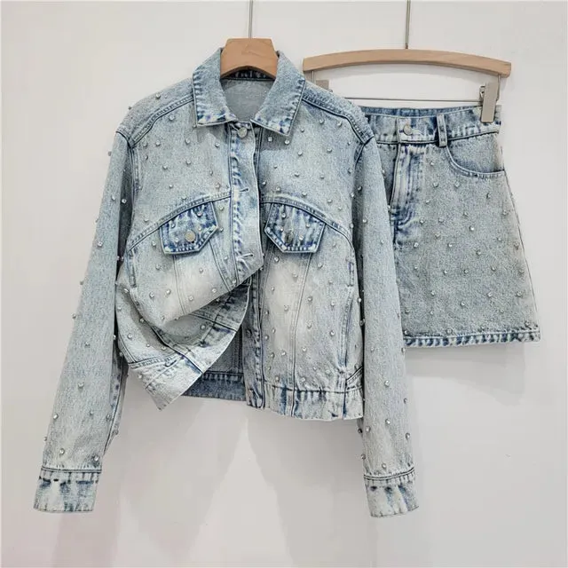 Pre Order:  Diamond Embellished Denim Jacket   High Waist A-Line Skirt Set