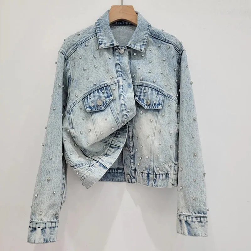Pre Order:  Diamond Embellished Denim Jacket   High Waist A-Line Skirt Set