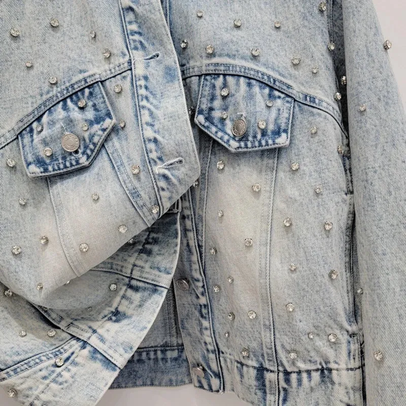Pre Order:  Diamond Embellished Denim Jacket   High Waist A-Line Skirt Set