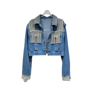 Pre Order:  Spliced Diamond Tassel Long Sleeved Denim Jacket