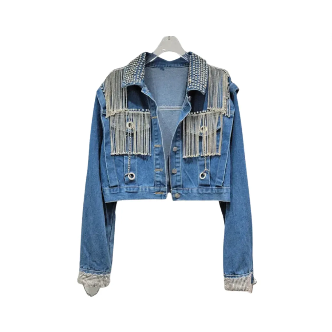 Pre Order:  Spliced Diamond Tassel Long Sleeved Denim Jacket