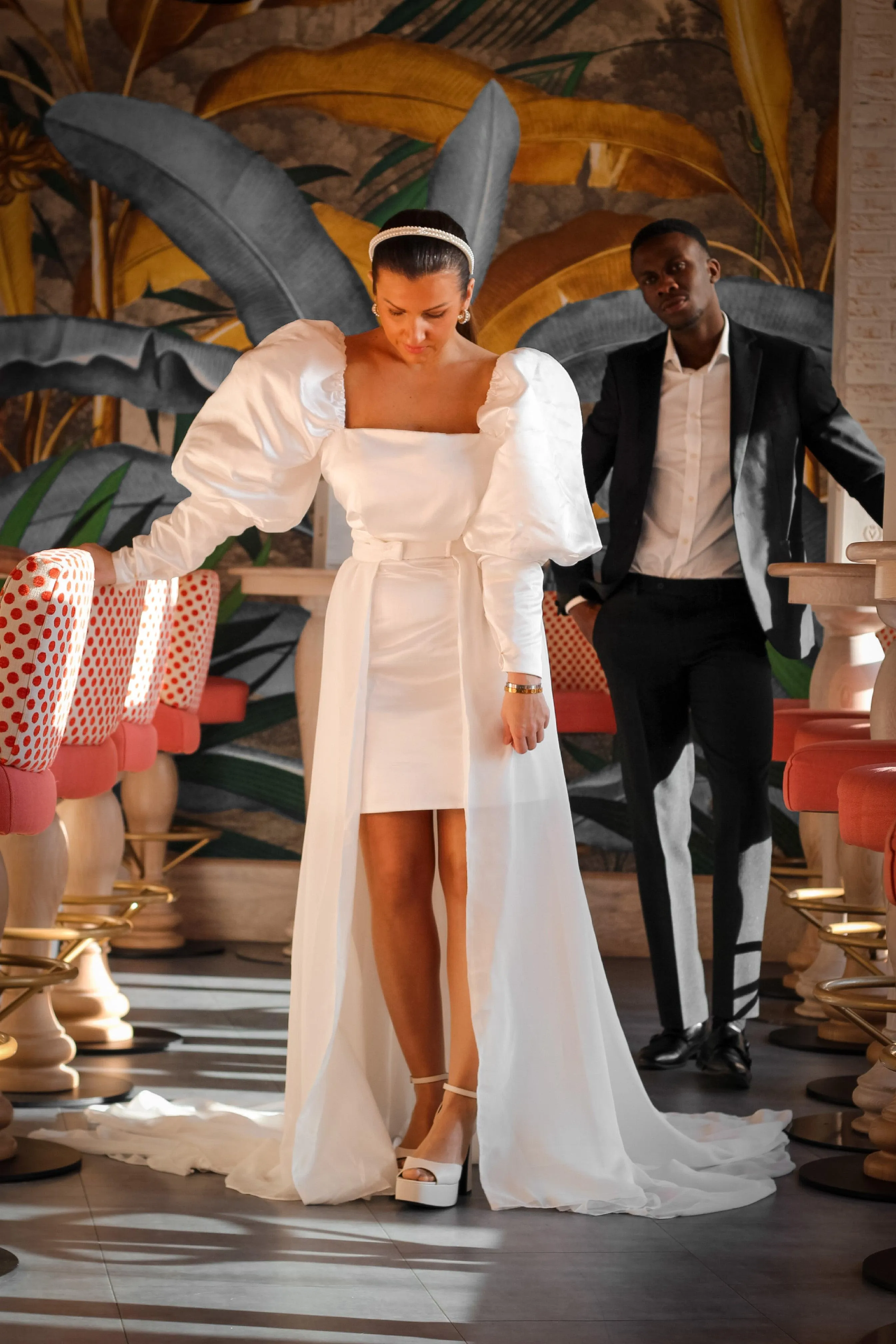 Puff Sleeve Satin Mini Wedding Dress