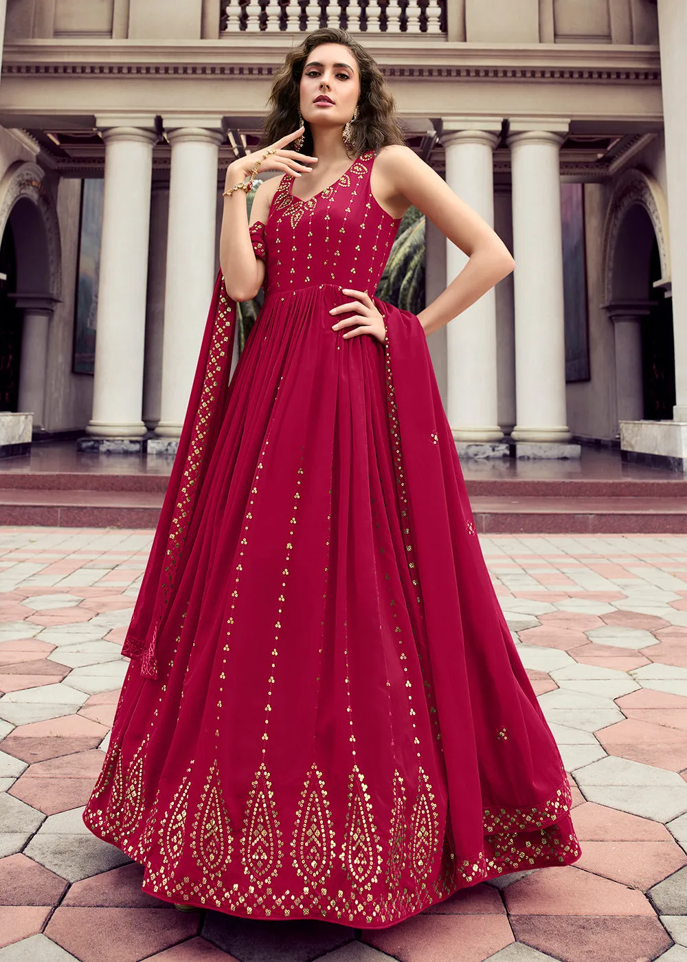 Rani Pink Georgette Thread & Sequins Wedding Party Gown
