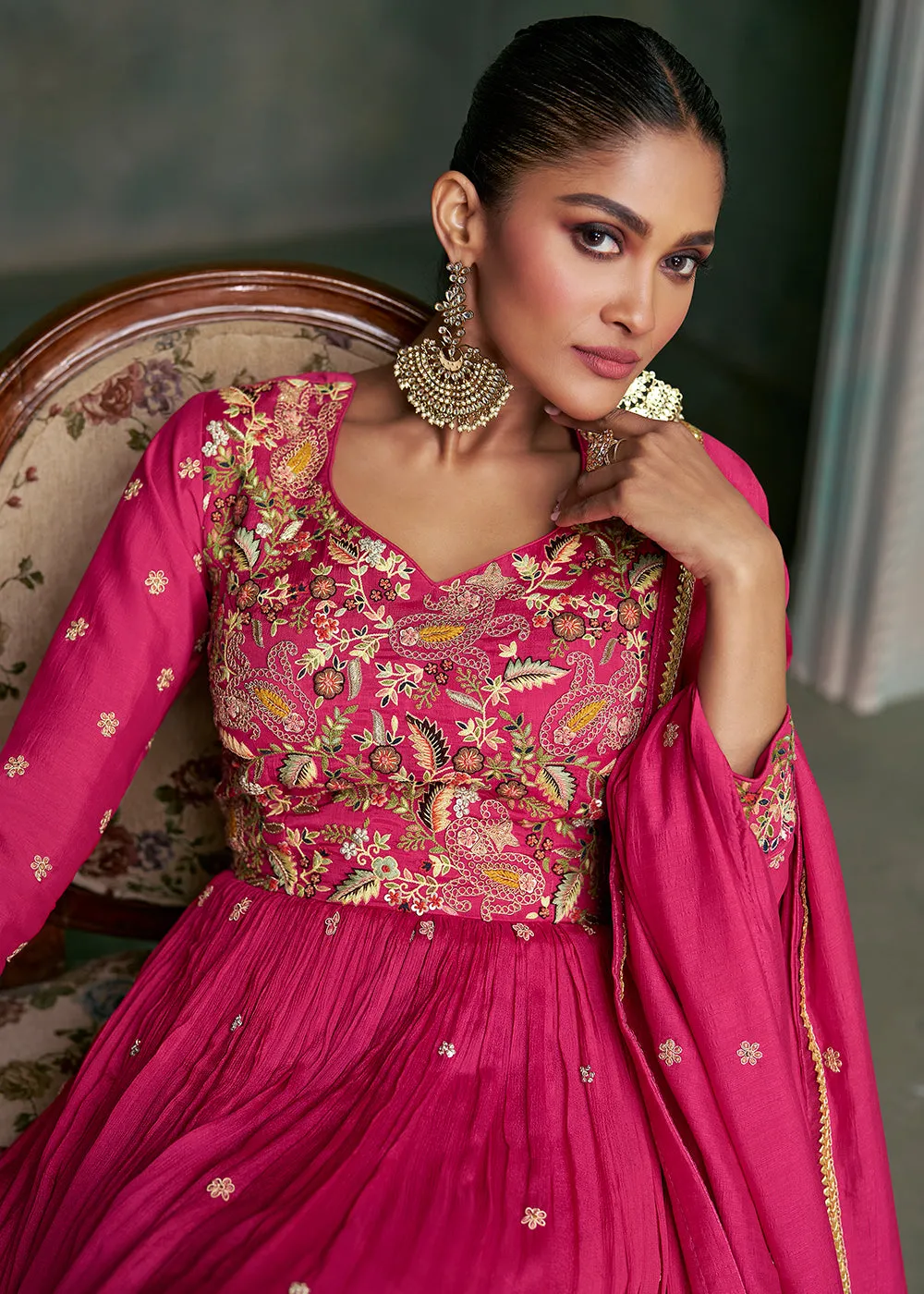 Sangeet Wear Pink Premium Silk Indian Anarkali Gown