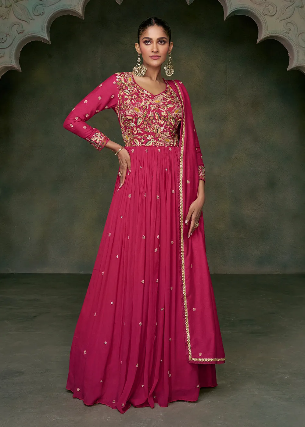 Sangeet Wear Pink Premium Silk Indian Anarkali Gown