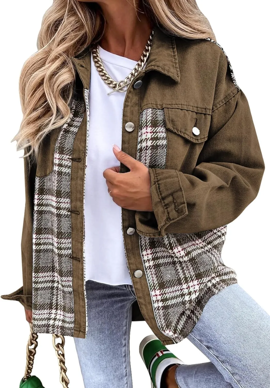 SHEWIN Women's Oversized Denim Jacket Casual Long Sleeve Button Down Plaid Shacket Boyfriend Jean Jacket With Pockets
