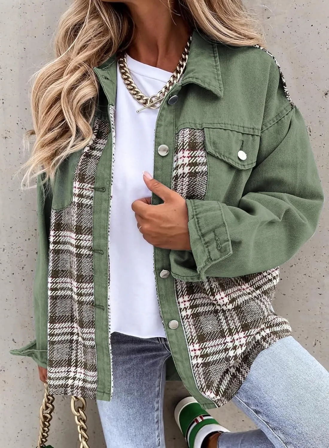 SHEWIN Women's Oversized Denim Jacket Casual Long Sleeve Button Down Plaid Shacket Boyfriend Jean Jacket With Pockets