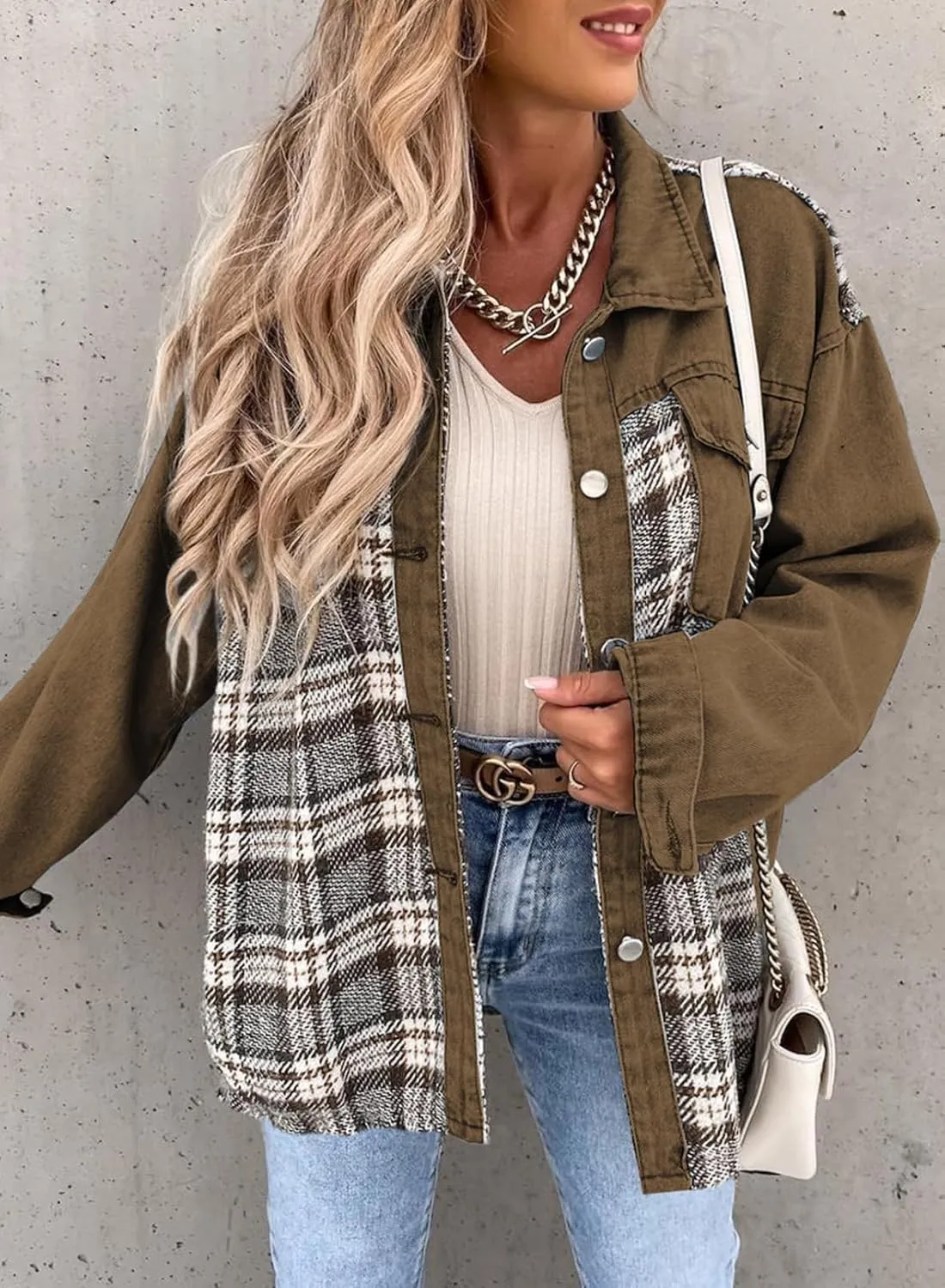 SHEWIN Women's Oversized Denim Jacket Casual Long Sleeve Button Down Plaid Shacket Boyfriend Jean Jacket With Pockets