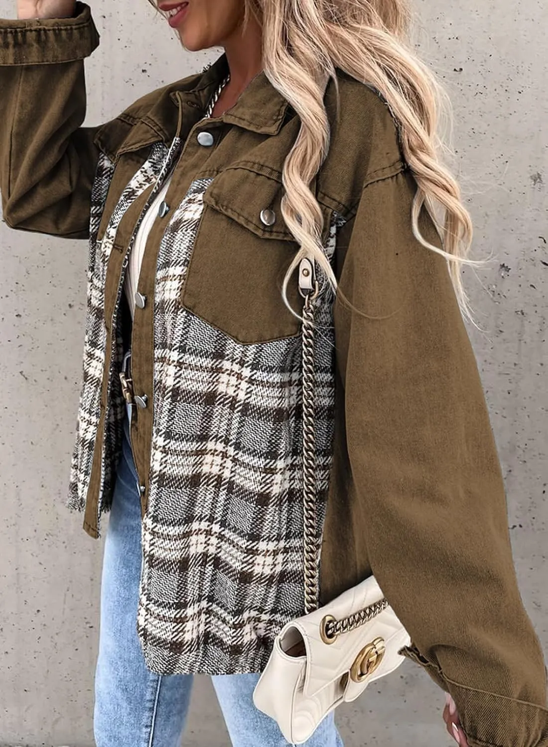 SHEWIN Women's Oversized Denim Jacket Casual Long Sleeve Button Down Plaid Shacket Boyfriend Jean Jacket With Pockets
