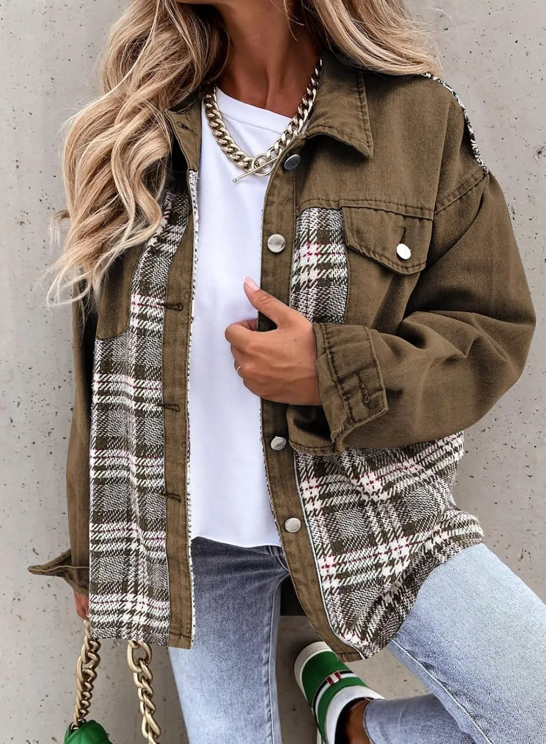 SHEWIN Women's Oversized Denim Jacket Casual Long Sleeve Button Down Plaid Shacket Boyfriend Jean Jacket With Pockets