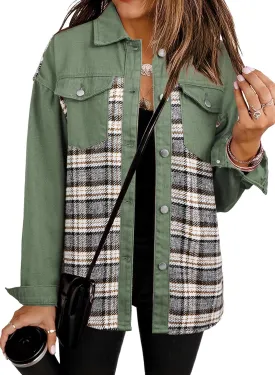 SHEWIN Women's Oversized Denim Jacket Casual Long Sleeve Button Down Plaid Shacket Boyfriend Jean Jacket With Pockets