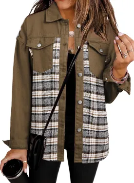 SHEWIN Women's Oversized Denim Jacket Casual Long Sleeve Button Down Plaid Shacket Boyfriend Jean Jacket With Pockets