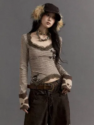 Striped Lace Trim Knit T-Shirt【s0000010323】