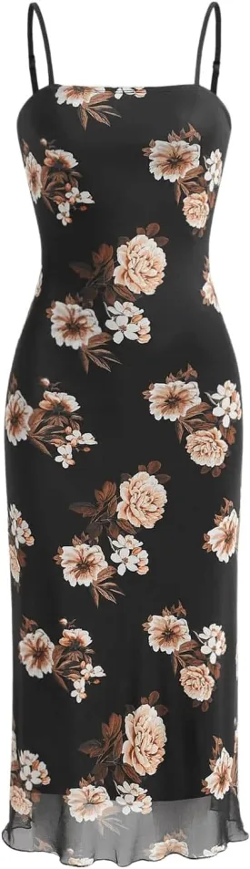SweatyRocks Women's Floral Print Split Bodycon Dress Cami Midi Dress