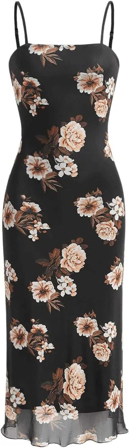 SweatyRocks Women's Floral Print Split Bodycon Dress Cami Midi Dress