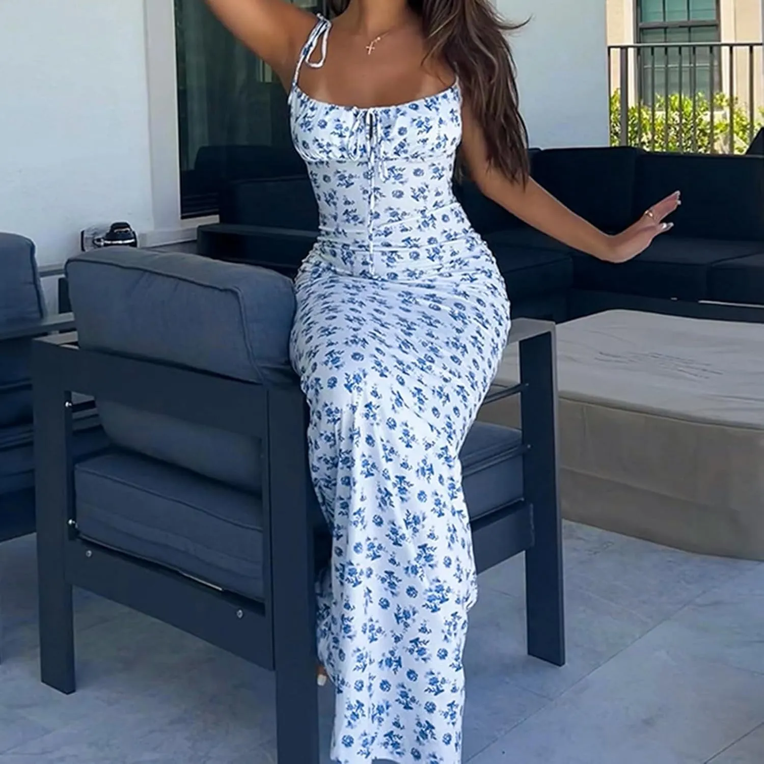 Women Backless Maxi Dress Sexy Sleeveless Spaghetti Strap Floral Bodycon Maxi Dress Cocktail Party Long Dress