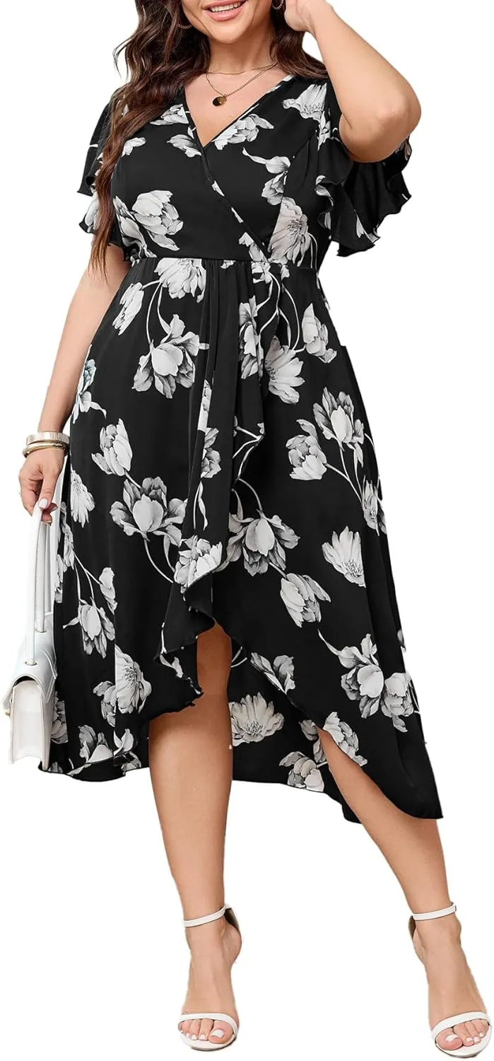 Women Plus Size Maxi Dress Short Sleeve Wrap V Neck Dress High Low Split Long Dress