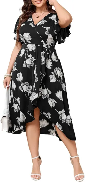 Women Plus Size Maxi Dress Short Sleeve Wrap V Neck Dress High Low Split Long Dress