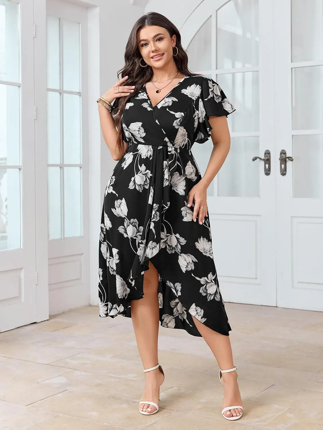 Women Plus Size Maxi Dress Short Sleeve Wrap V Neck Dress High Low Split Long Dress